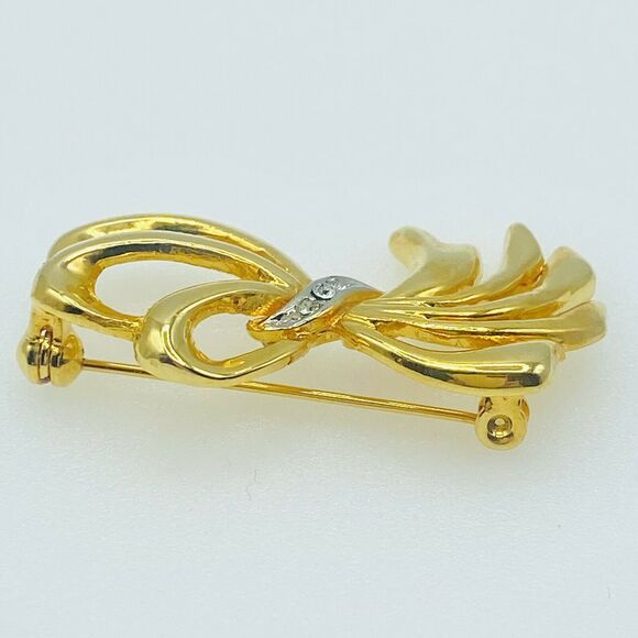 Swarovski Gold Tone Bow Brooch Pin Clear Crystal Rhinestones 2" - Picture 7 of 9